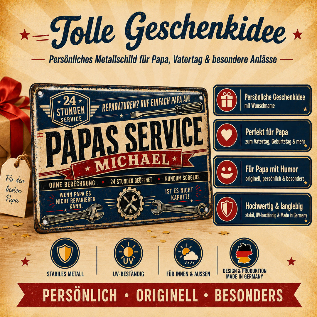 Papas Service – 24 Stunden geöffnet – personalisiertes Leotie Metallschild, 30 × 20 cm – Produktabbildung 4