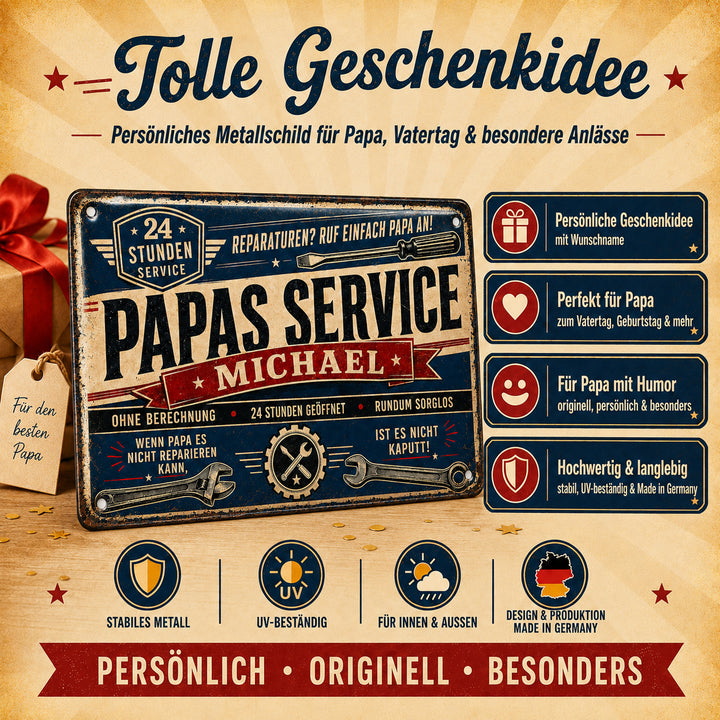 Papas Service – 24 Stunden geöffnet – personalisiertes Leotie Metallschild, 30 × 20 cm – Produktabbildung 4