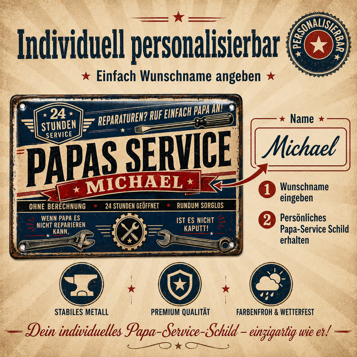 Papas Service – 24 Stunden geöffnet – personalisiertes Leotie Metallschild, 30 × 20 cm – Produktabbildung 5