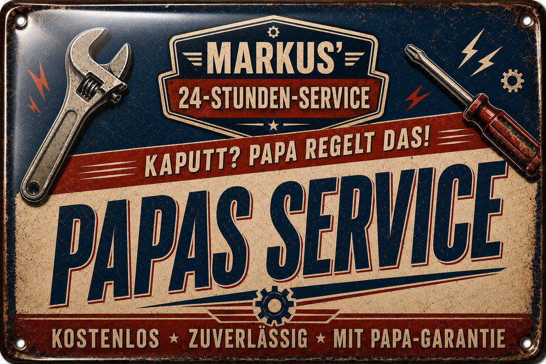 Papas Service – Kaputt? Papa regelt das! – personalisiertes Leotie Metallschild, 30 × 20 cm – Motivansicht