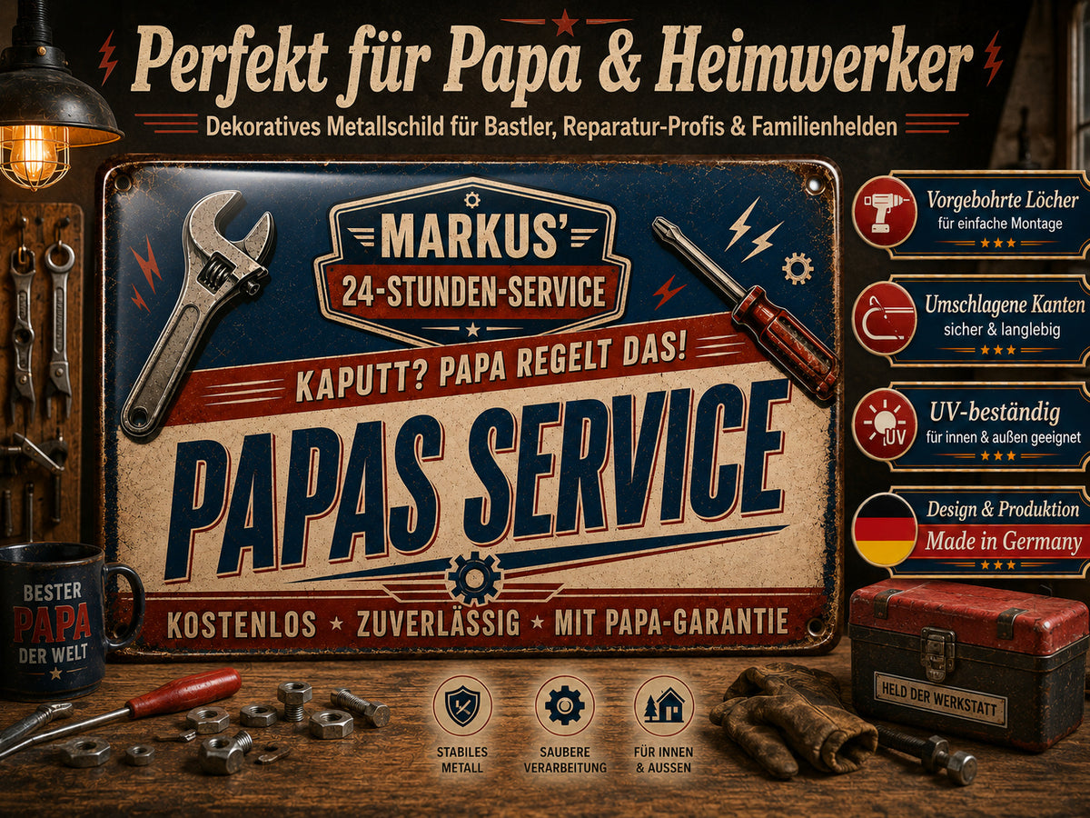 Papas Service – Kaputt? Papa regelt das! – personalisiertes Leotie Metallschild, 30 × 20 cm – Produktabbildung 2