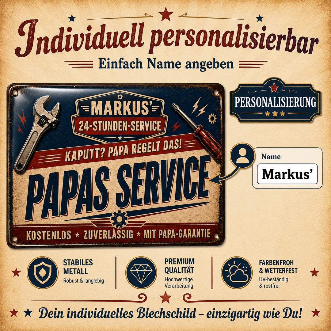 Papas Service – Kaputt? Papa regelt das! – personalisiertes Leotie Metallschild, 30 × 20 cm – Produktabbildung 3