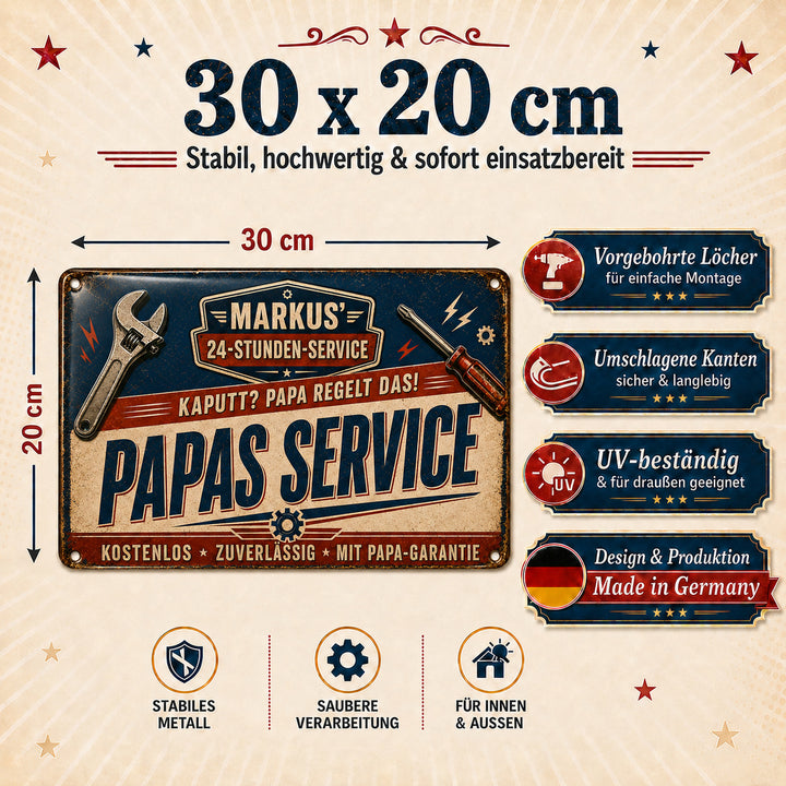Papas Service – Kaputt? Papa regelt das! – personalisiertes Leotie Metallschild, 30 × 20 cm – Produktabbildung 6