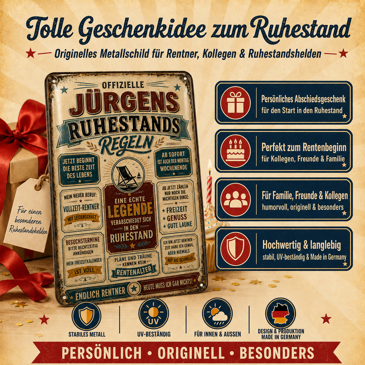 Ruhestandsregeln – Freizeit, Genuss & gute Laune – personalisiertes Leotie Metallschild, 20 × 30 cm – Produktabbildung 3