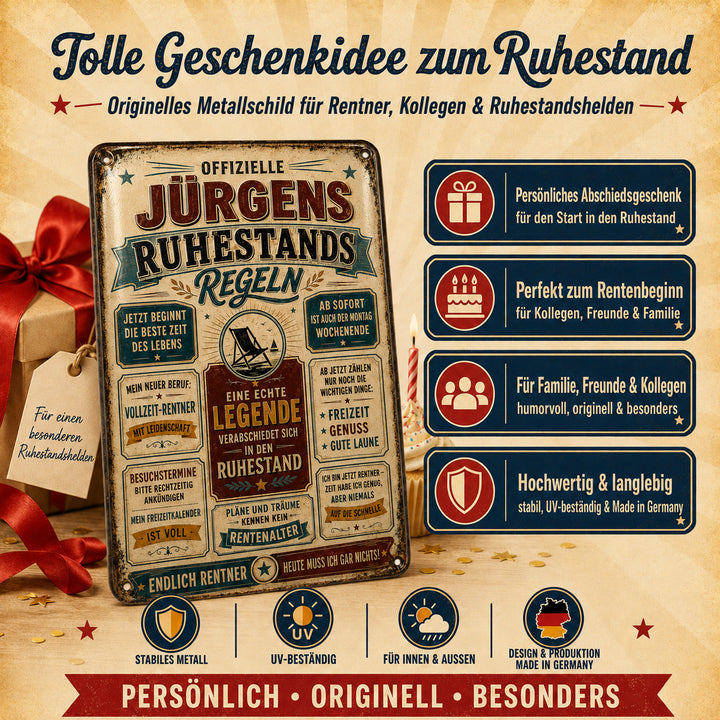 Ruhestandsregeln – Freizeit, Genuss &amp; gute Laune – personalisiertes Leotie Metallschild, 20 × 30 cm – Produktabbildung 3
