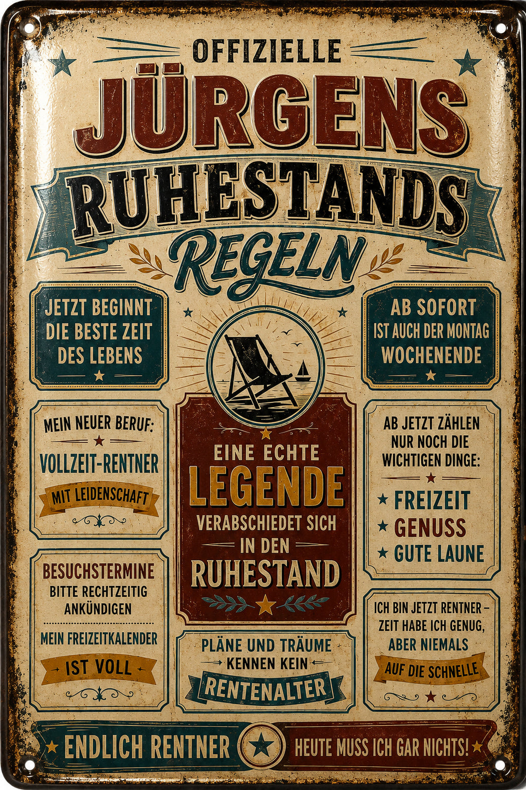 Ruhestandsregeln – Freizeit, Genuss &amp; gute Laune – personalisiertes Leotie Metallschild, 20 × 30 cm – Motivansicht
