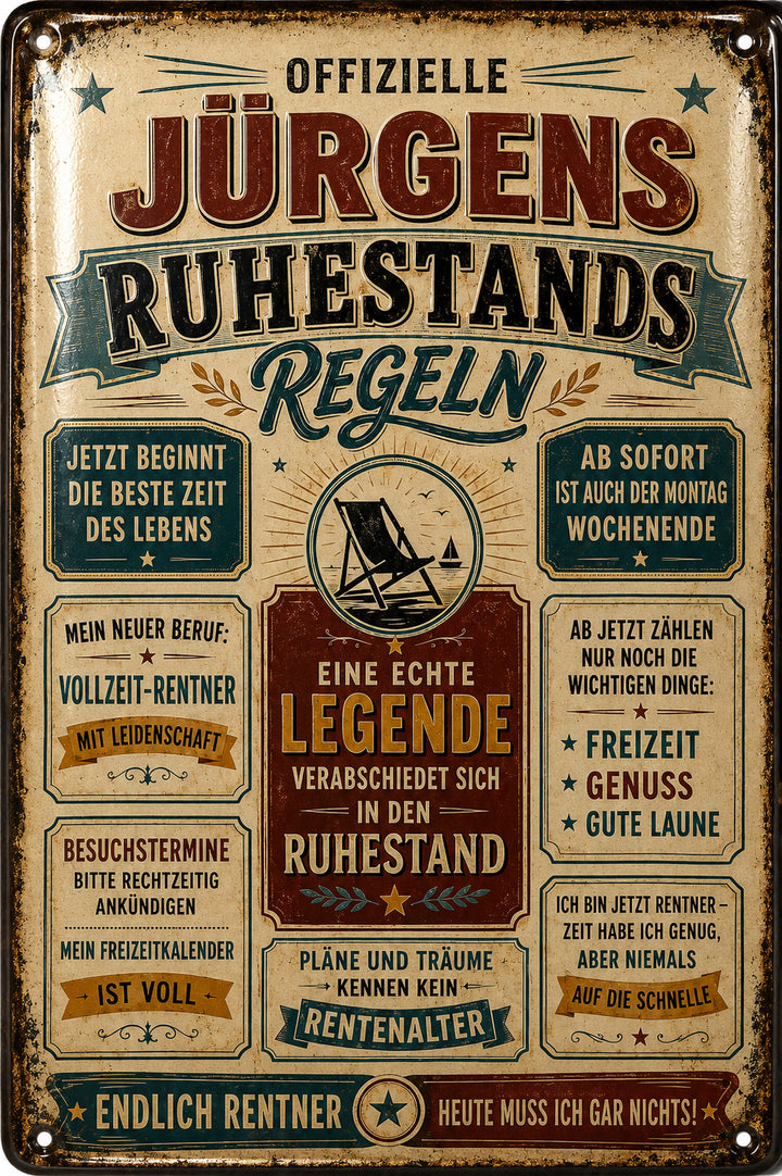 Ruhestandsregeln – Freizeit, Genuss &amp; gute Laune – personalisiertes Leotie Metallschild, 20 × 30 cm – Motivansicht