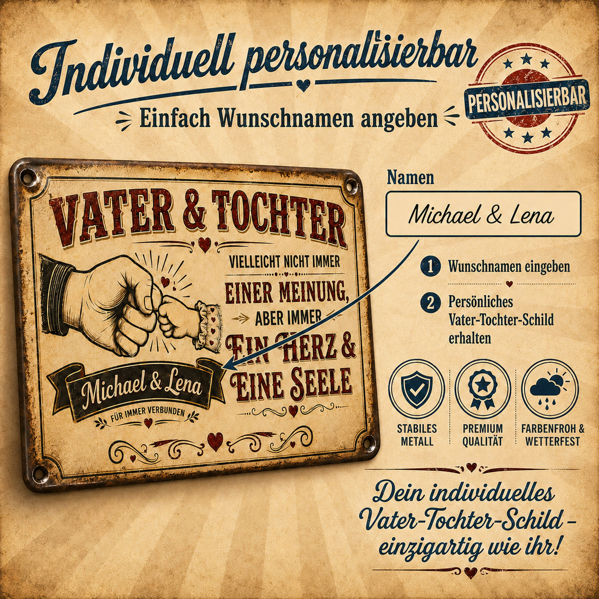 Vater & Tochter – Ein Herz & eine Seele – personalisiertes Leotie Metallschild, 30 × 20 cm – Produktabbildung 2