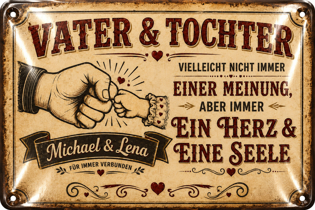 Vater &amp; Tochter – Ein Herz &amp; eine Seele – personalisiertes Leotie Metallschild, 30 × 20 cm – Motivansicht