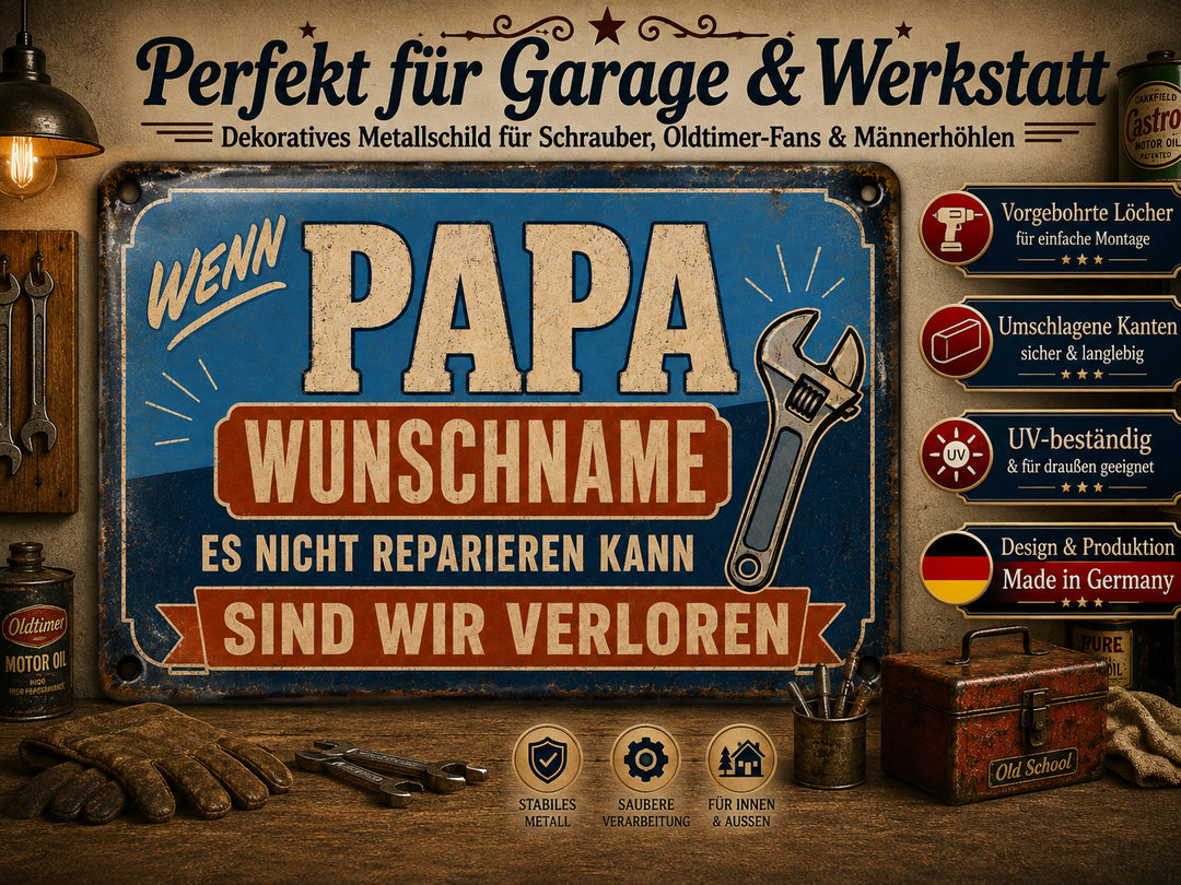 Wenn Papa es nicht reparieren kann – Werkstattspruch – personalisiertes Leotie Metallschild, 30 × 20 cm – Produktabbildung 2
