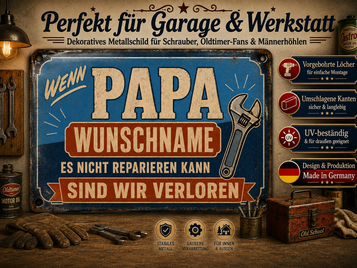 Wenn Papa es nicht reparieren kann – Werkstattspruch – personalisiertes Leotie Metallschild, 30 × 20 cm – Produktabbildung 2