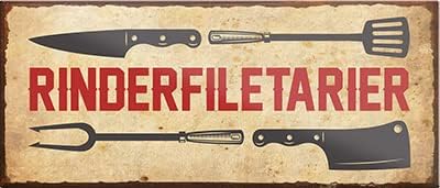 Vintage-Metallschild mit Grill-Utensilien und Aufschrift "RINDERFILETARIER" - ein witziger Spruch als dekorative Geschenkidee für Grillliebhaber.