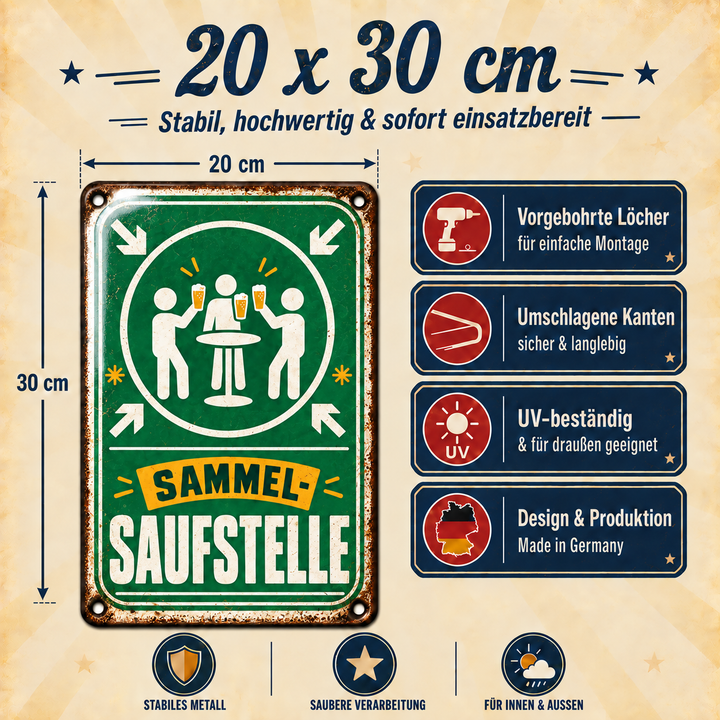 Sammel-Saufstelle Metallschild – Partydeko von Leotie – Maße und Produkteigenschaften, 20 × 30 cm