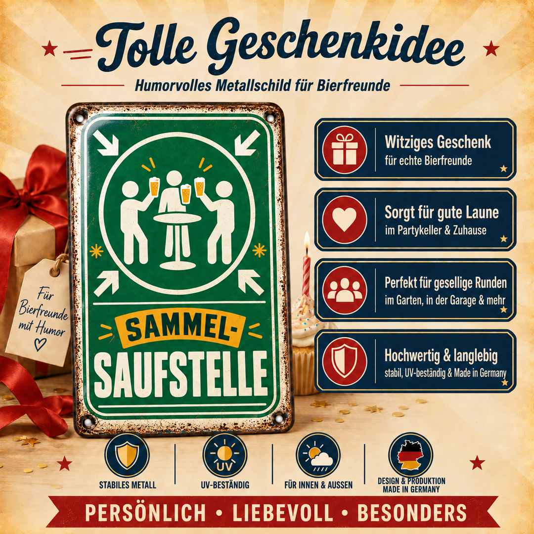 Sammel-Saufstelle Metallschild – Partydeko von Leotie – Geschenkidee, 20 × 30 cm