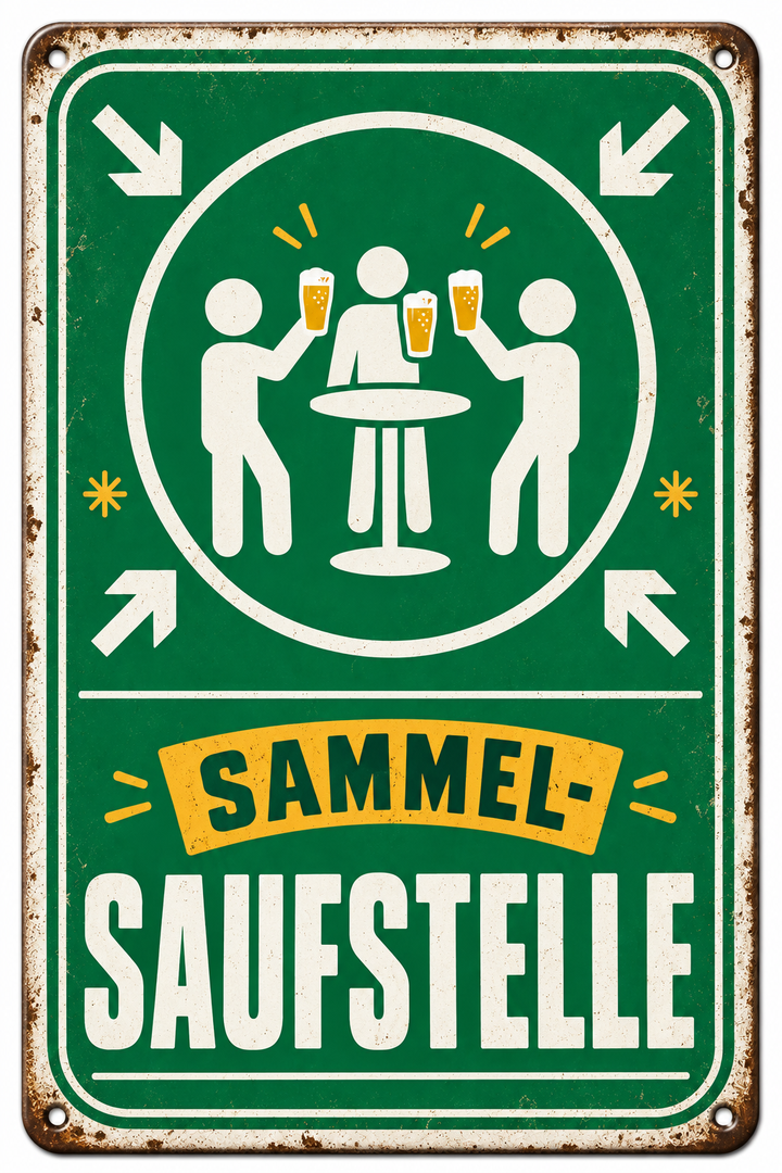 Sammel-Saufstelle Metallschild – Partydeko von Leotie – Motivansicht, 20 × 30 cm