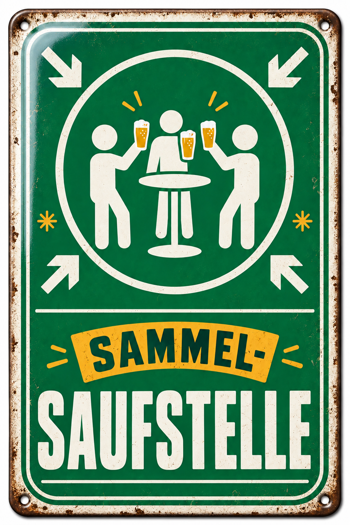 Sammel-Saufstelle Metallschild – Partydeko von Leotie – Titelbild mit Schimmereffekt, 20 × 30 cm