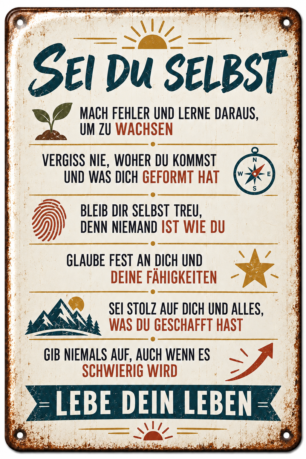 Sei du selbst Metallschild – Lebe dein Leben von Leotie – Titelbild mit Schimmereffekt, 20 × 30 cm