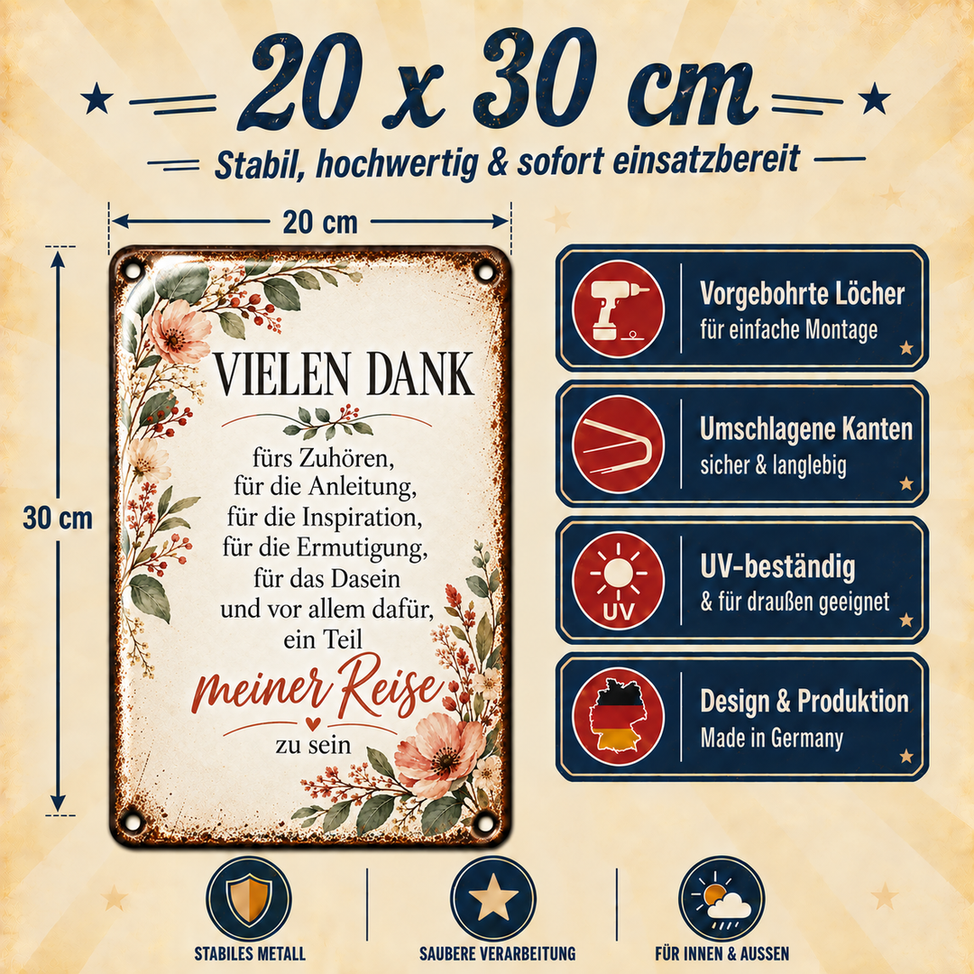 Vielen Dank Metallschild – Blumen &amp; Wertschätzung von Leotie – Maße und Produkteigenschaften, 20 × 30 cm