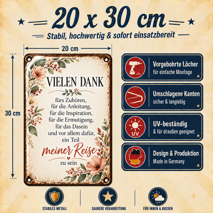 Vielen Dank Metallschild – Blumen &amp; Wertschätzung von Leotie – Maße und Produkteigenschaften, 20 × 30 cm