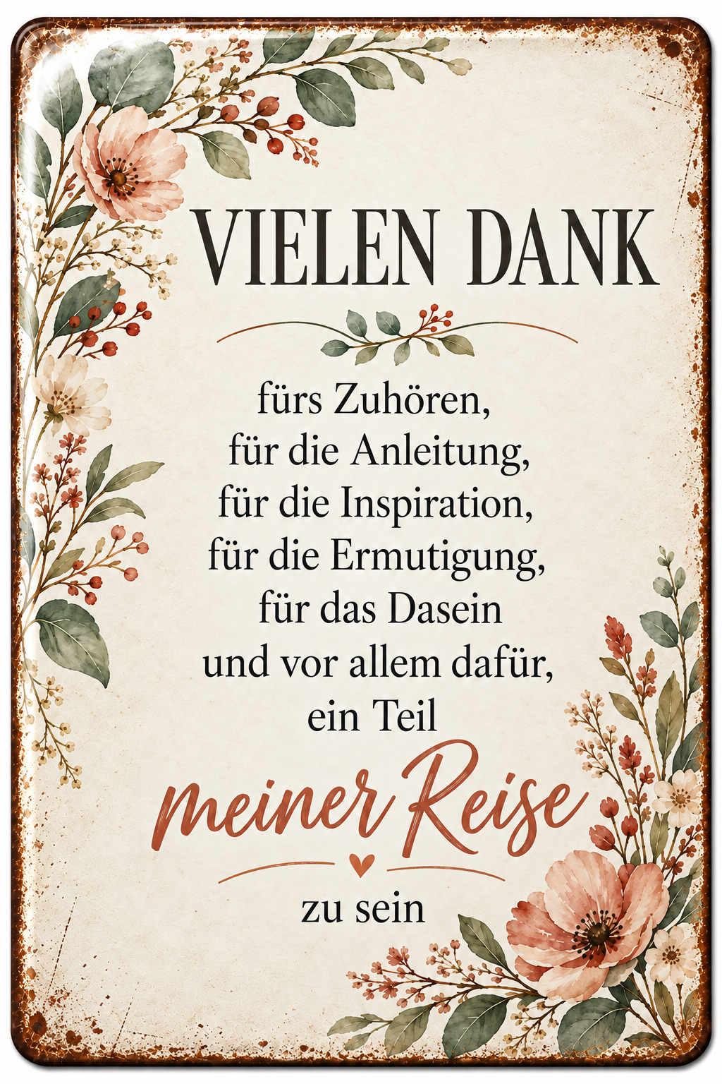Vielen Dank Metallschild – Blumen & Wertschätzung von Leotie – Titelbild mit Schimmereffekt, 20 × 30 cm