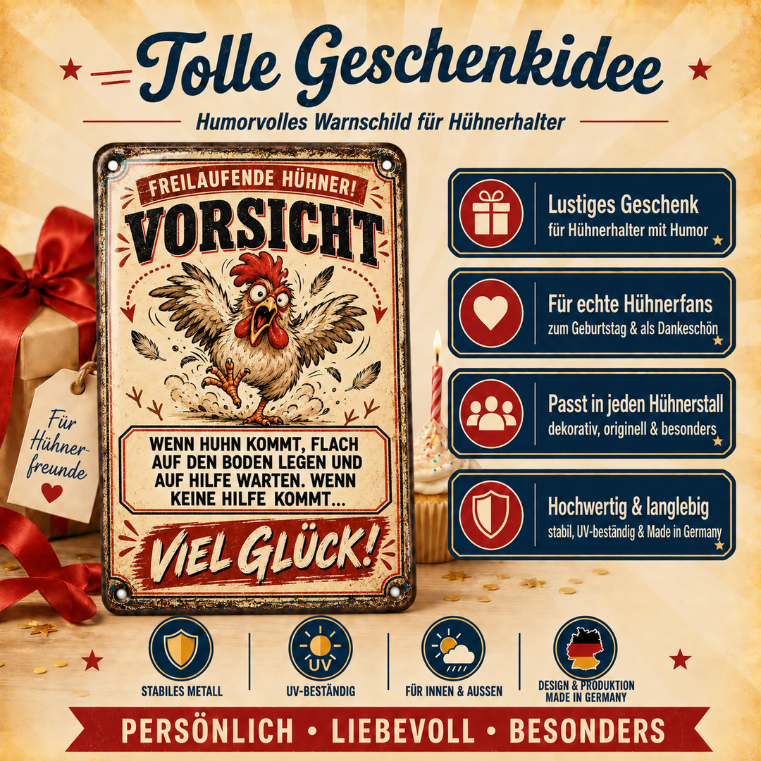 Vorsicht freilaufende Hühner Metallschild von Leotie – Geschenkidee, 20 × 30 cm