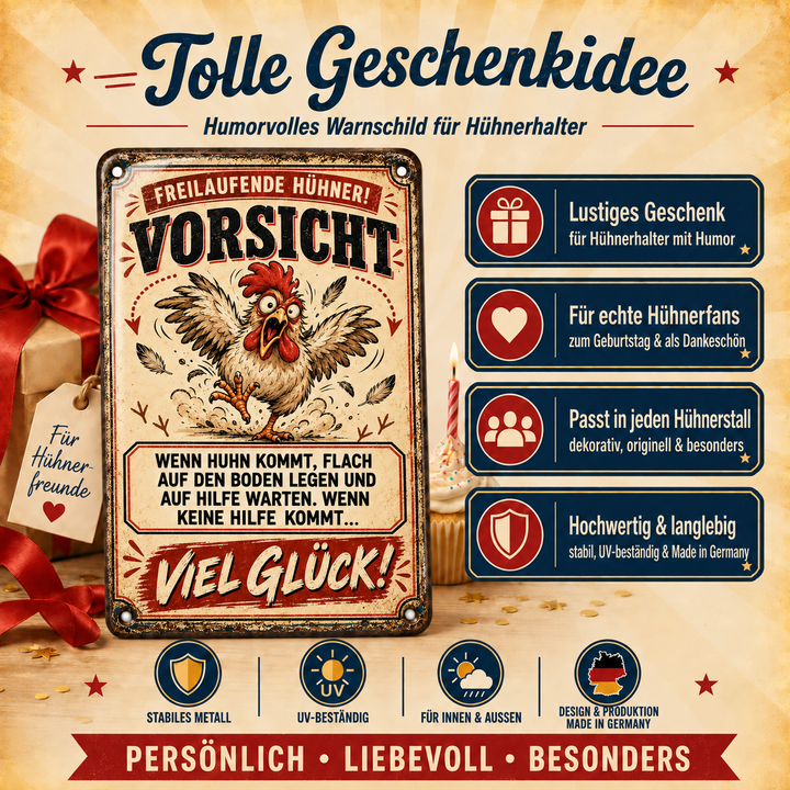 Vorsicht freilaufende Hühner Metallschild von Leotie – Geschenkidee, 20 × 30 cm