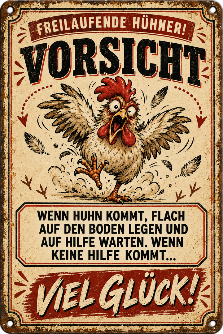 Vorsicht freilaufende Hühner Metallschild von Leotie – Motivansicht, 20 × 30 cm