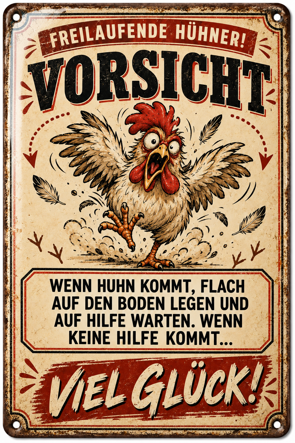 Vorsicht freilaufende Hühner Metallschild von Leotie – Titelbild mit Schimmereffekt, 20 × 30 cm
