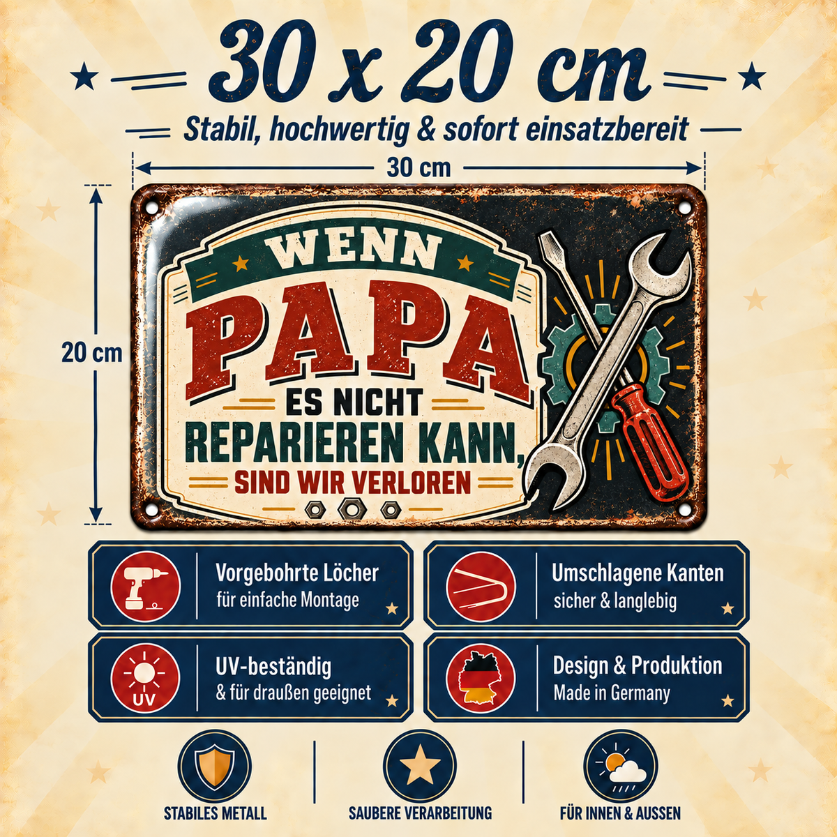 Wenn Papa es nicht reparieren kann Metallschild von Leotie – Maße und Produkteigenschaften, 30 × 20 cm