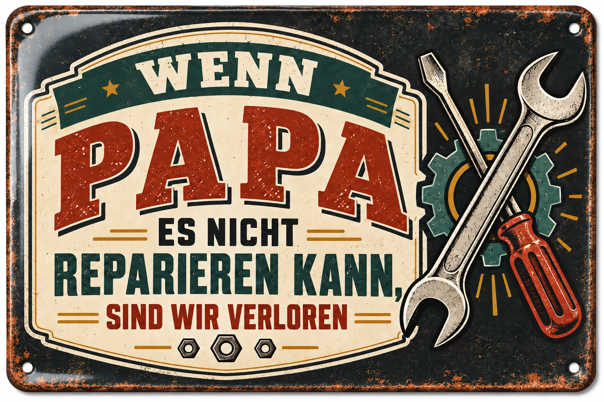 Wenn Papa es nicht reparieren kann Metallschild von Leotie – Titelbild mit Schimmereffekt, 30 × 20 cm