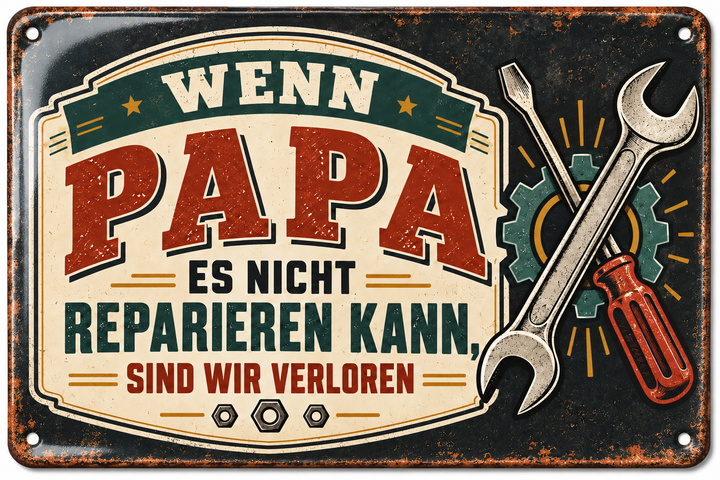 Wenn Papa es nicht reparieren kann Metallschild von Leotie – Titelbild mit Schimmereffekt, 30 × 20 cm