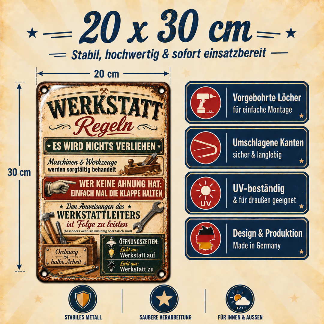 Werkstatt-Regeln Metallschild – Hobel &amp; Hammer von Leotie – Maße und Produkteigenschaften, 20 × 30 cm