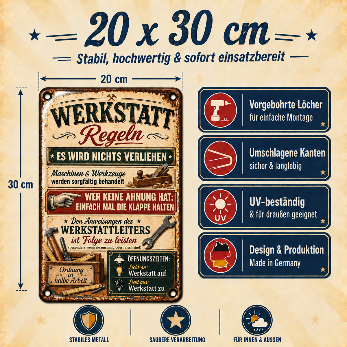 Werkstatt-Regeln Metallschild – Hobel & Hammer von Leotie – Maße und Produkteigenschaften, 20 × 30 cm