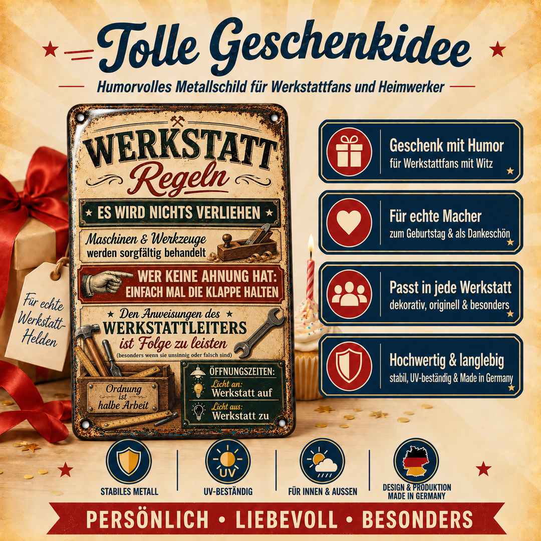 Werkstatt-Regeln Metallschild – Hobel &amp; Hammer von Leotie – Geschenkidee, 20 × 30 cm