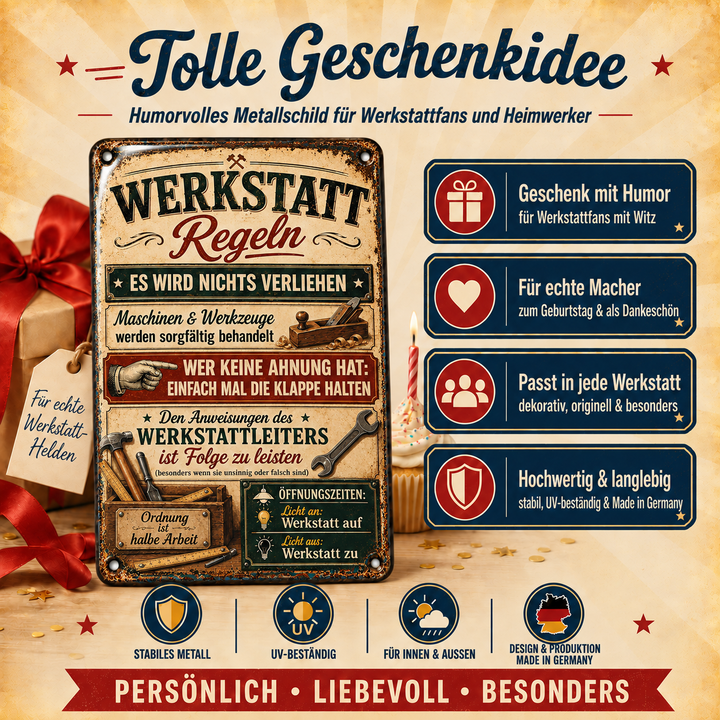 Werkstatt-Regeln Metallschild – Hobel &amp; Hammer von Leotie – Geschenkidee, 20 × 30 cm