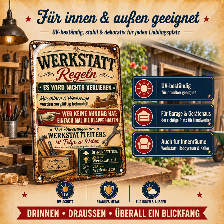Werkstatt-Regeln Metallschild – Hobel &amp; Hammer von Leotie – Dekoration für innen und außen, 20 × 30 cm