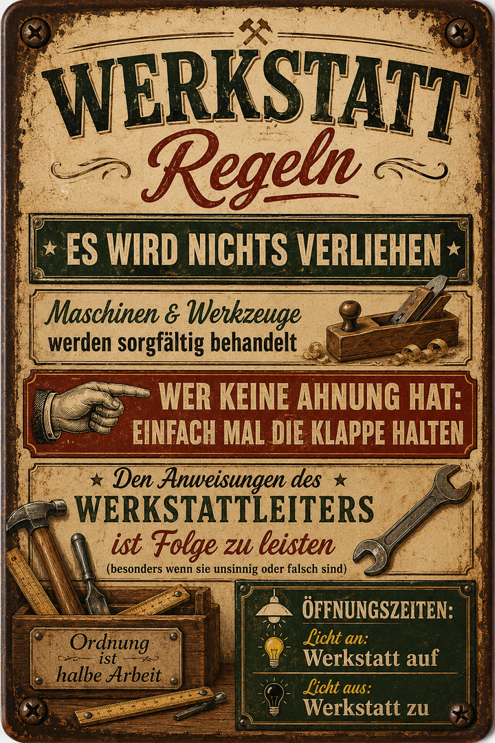 Werkstatt-Regeln Metallschild – Hobel &amp; Hammer von Leotie – Motivansicht, 20 × 30 cm