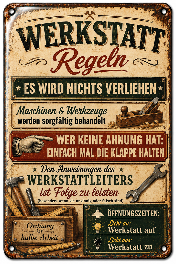 Werkstatt-Regeln Metallschild – Hobel &amp; Hammer von Leotie – Titelbild mit Schimmereffekt, 20 × 30 cm