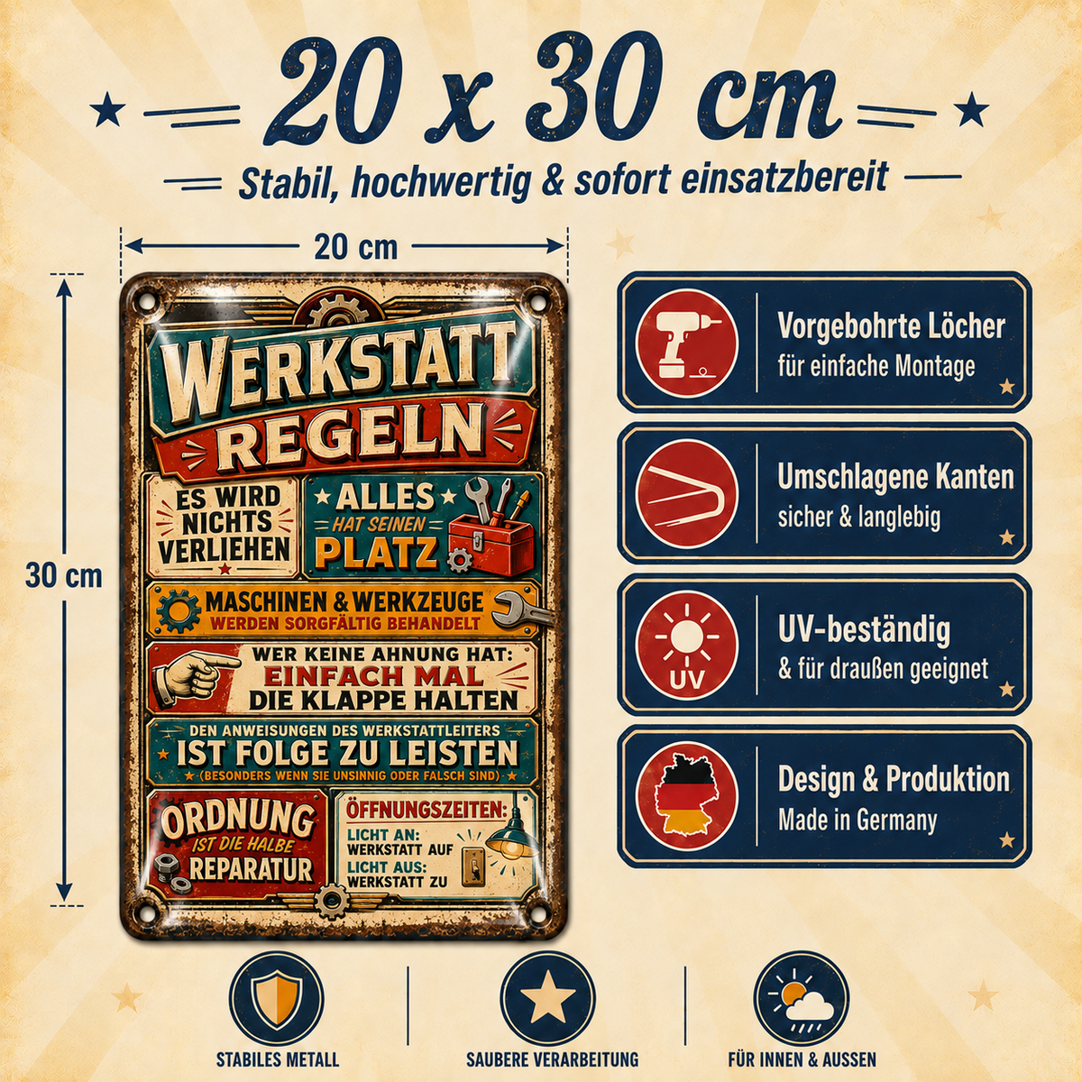 Werkstatt-Regeln Metallschild – Retro-Werkzeugkasten von Leotie – Maße und Produkteigenschaften, 20 × 30 cm
