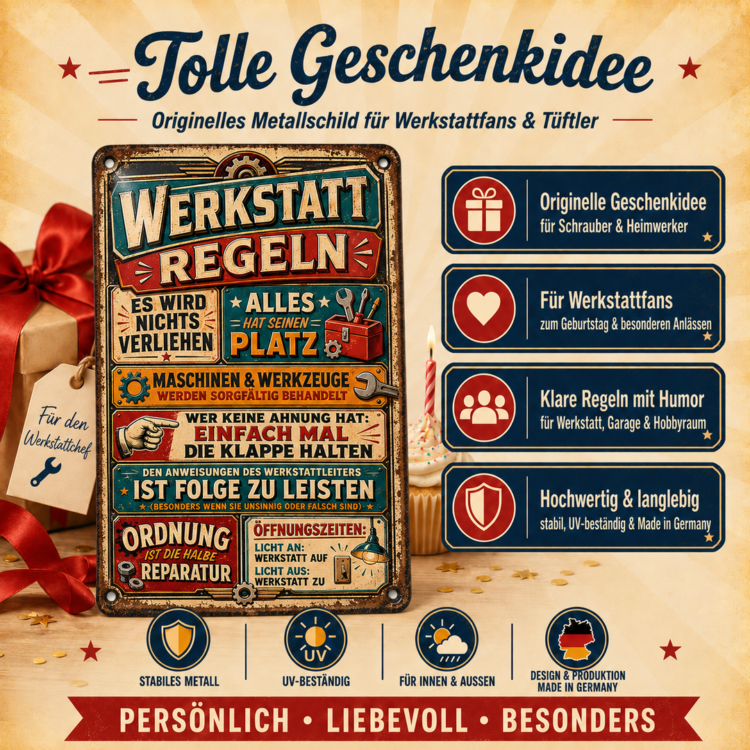 Werkstatt-Regeln Metallschild – Retro-Werkzeugkasten von Leotie – Geschenkidee, 20 × 30 cm