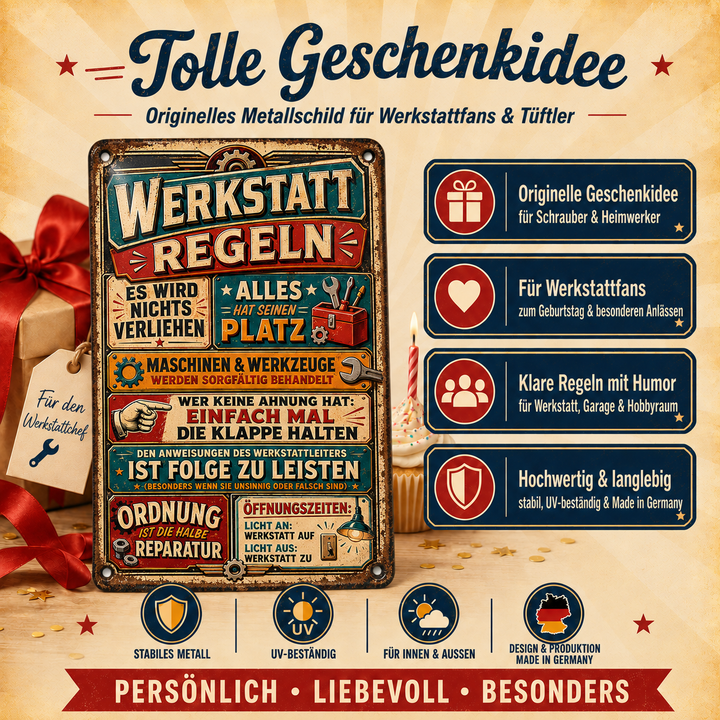 Werkstatt-Regeln Metallschild – Retro-Werkzeugkasten von Leotie – Geschenkidee, 20 × 30 cm