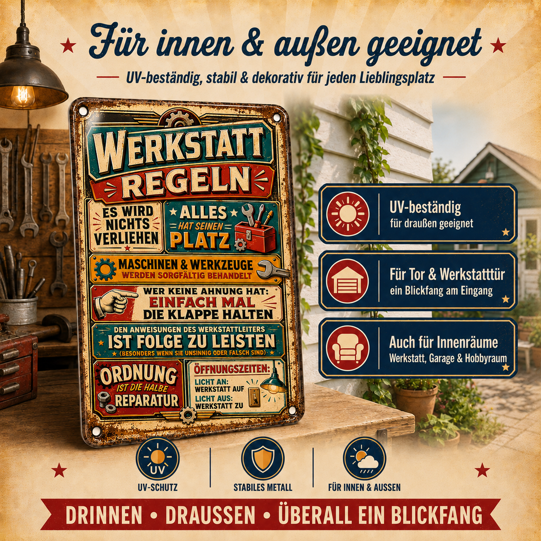 Werkstatt-Regeln Metallschild – Retro-Werkzeugkasten von Leotie – Dekoration für innen und außen, 20 × 30 cm