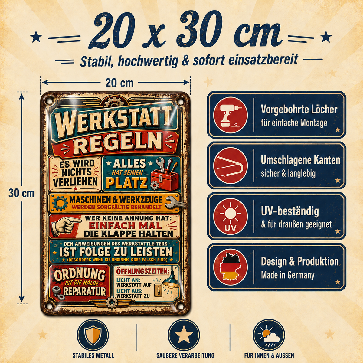 Werkstatt-Regeln Metallschild – Werkzeug & Zahnräder von Leotie – Maße und Produkteigenschaften, 20 × 30 cm