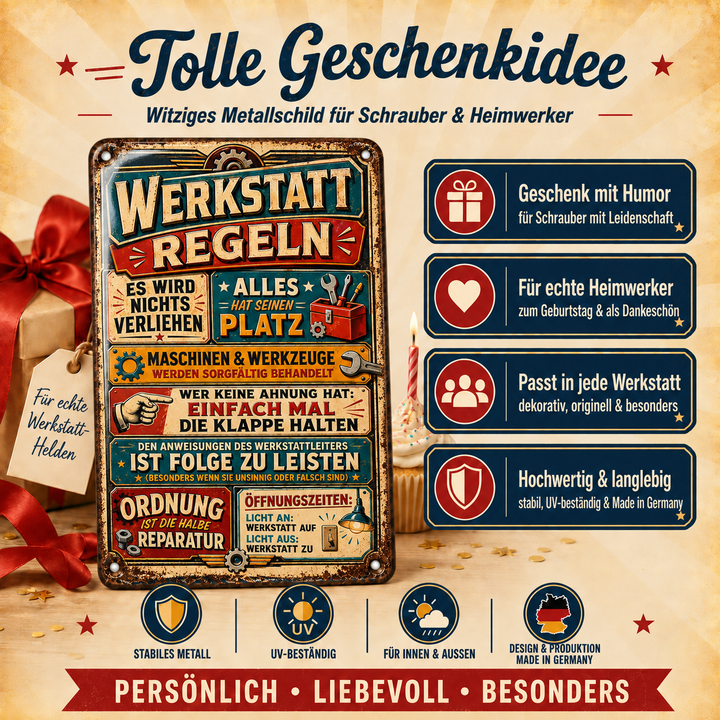 Werkstatt-Regeln Metallschild – Werkzeug &amp; Zahnräder von Leotie – Geschenkidee, 20 × 30 cm
