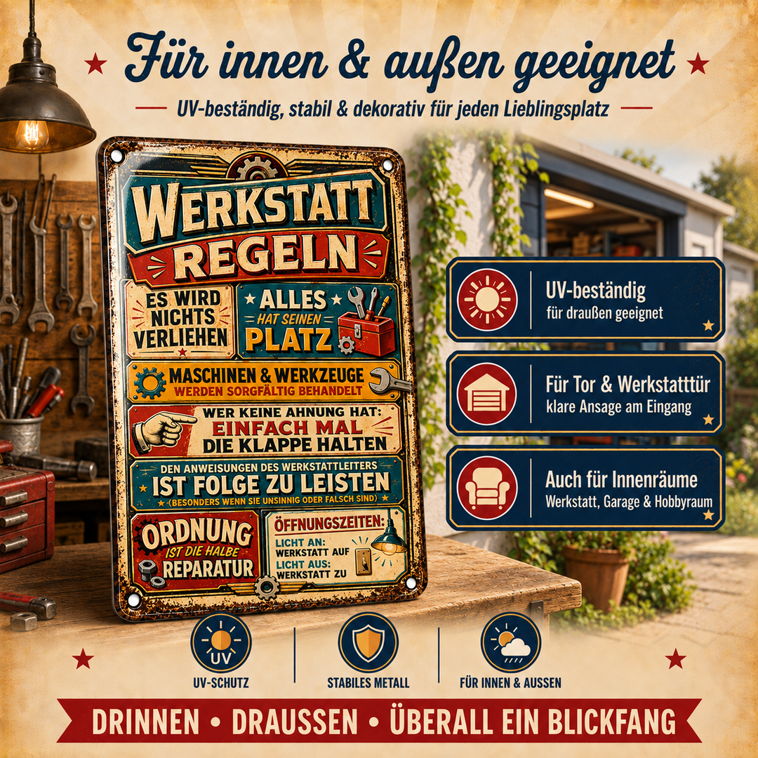Werkstatt-Regeln Metallschild – Werkzeug &amp; Zahnräder von Leotie – Dekoration für innen und außen, 20 × 30 cm