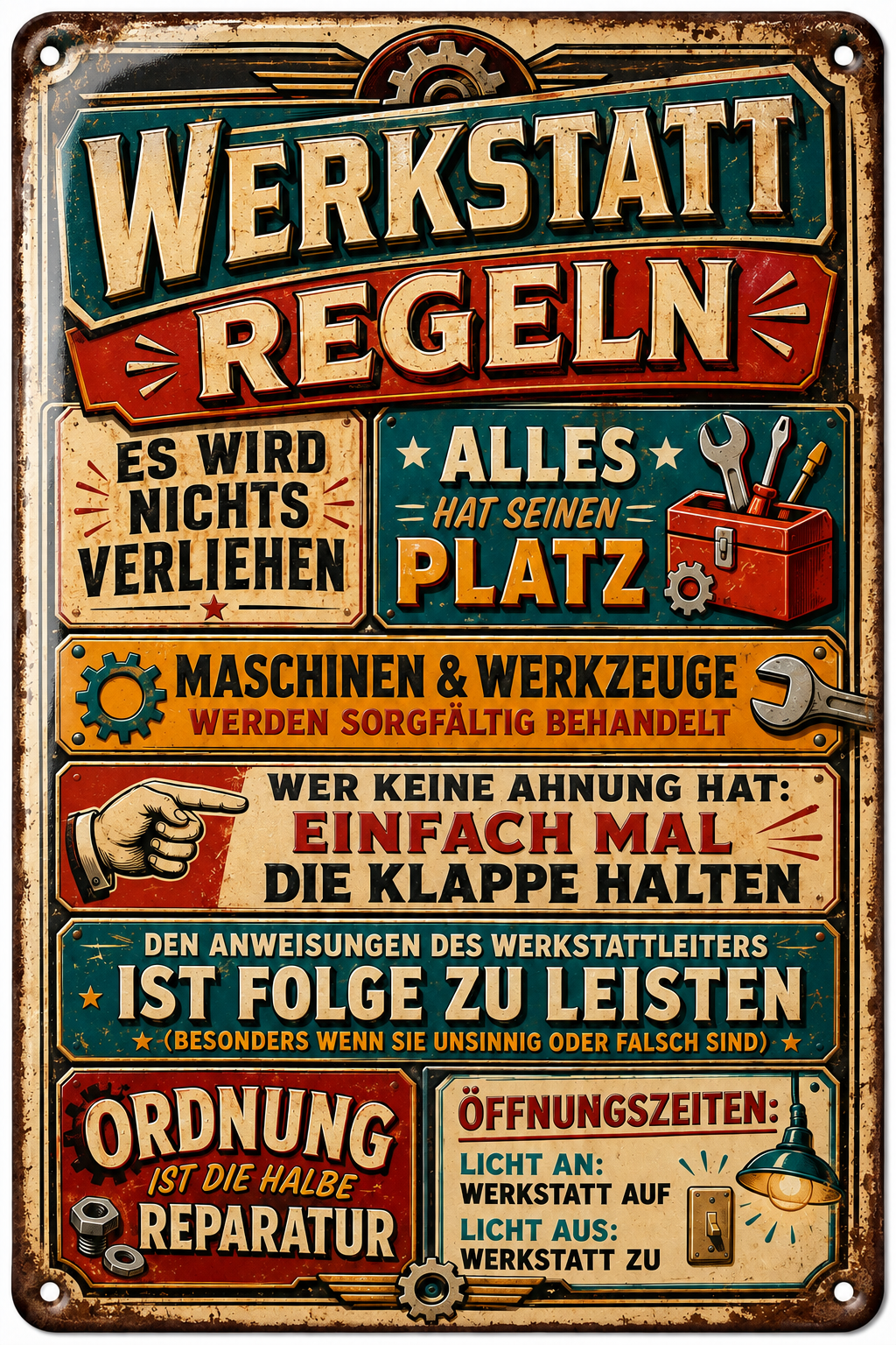Werkstatt-Regeln Metallschild – Werkzeug & Zahnräder von Leotie – Titelbild mit Schimmereffekt, 20 × 30 cm