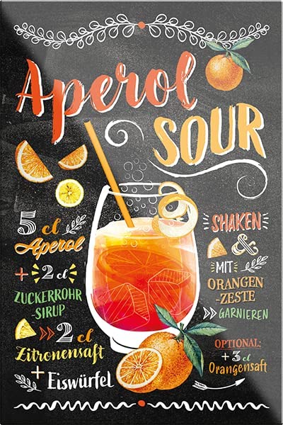 Dekorativer Kühlschrankmagnet mit "Aperol Sour" Motiv
Alkoholisches Getränk mit Aperol und Zitronen garniert
Kreative Illustrationen und Beschriftungen auf schwarzem Hintergrund
Ideales Geschenk für Liebhaber von Spirituosen und Barkultur
Hochwertige Ausführung von schilderkreis24 zur Dekoration