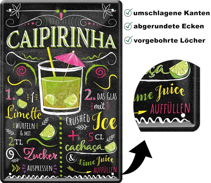 Dekorativer Blechschild mit Cocktailrezept für Caipirinha auf schwarzem Hintergrund