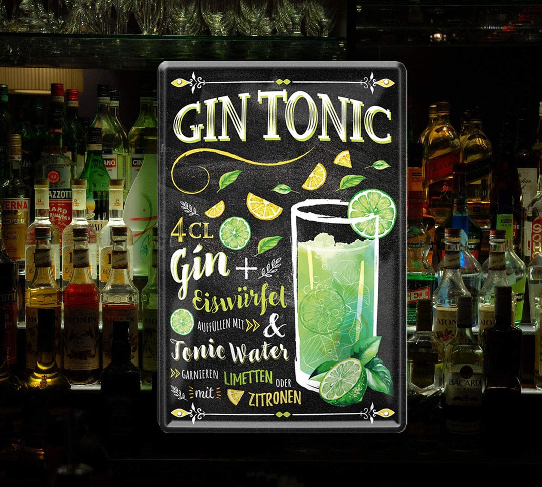 Stilvolles Blechschild mit Rezeptanleitung für einen klassischen Gin Tonic, dargestellt mit Zutaten wie Gin, Zitrone und Tonic Water. Das Schild ist in einem modernen, eleganten Design gestaltet und passt perfekt in die Bar-Umgebung.