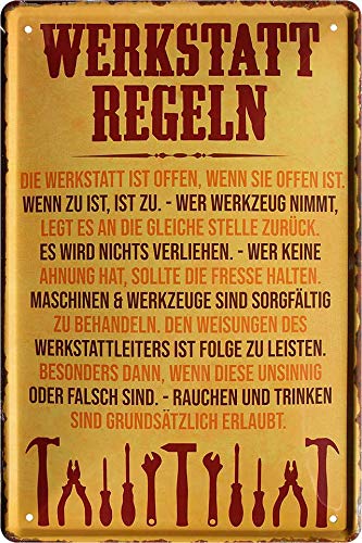 Blechschild mit lustigen Werkstatt-Regeln
Das Blechschild zeigt die Werkstatt-Regeln in deutscher Sprache. Es ist mit einer orangefarbenen Hintergrundfarbe und einer vintage-Optik gestaltet. Im Mittelpunkt stehen die Werkzeug-Symbole, die die Regeln visualisieren.